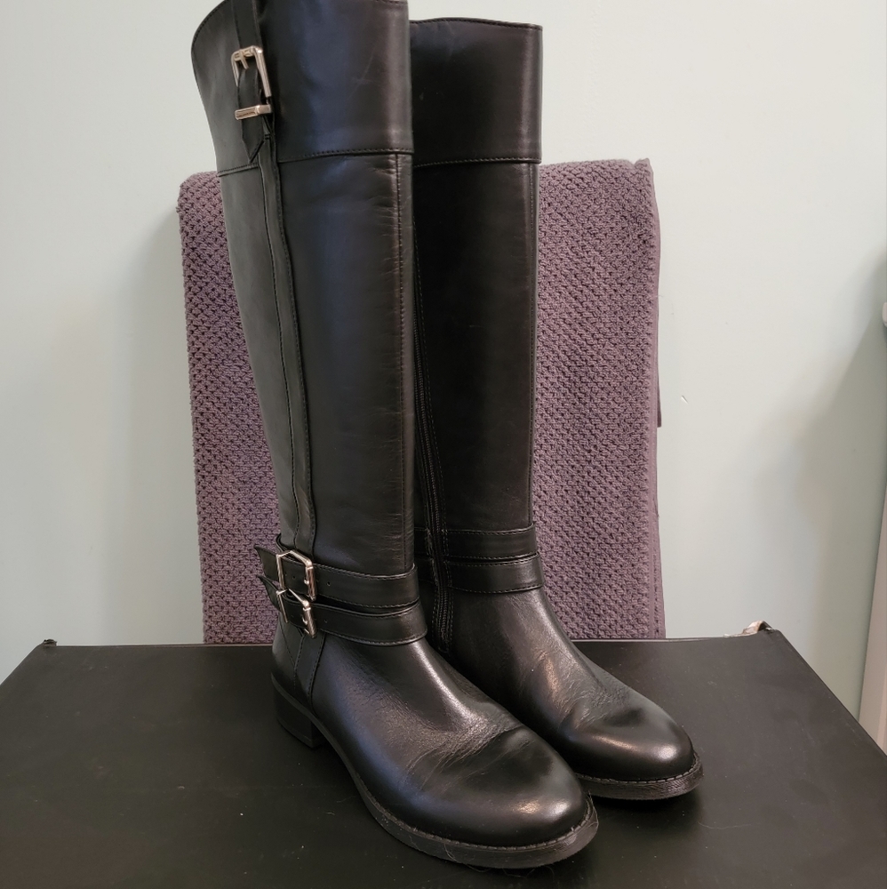 NWT INC FRANKII black knee high zip up the side leather boots 6.5